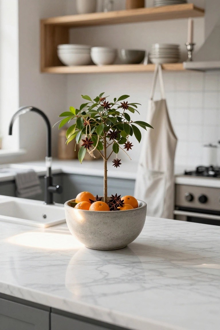 Modern kitchen featuring a concrete bowl with oranges and a small potted tree.