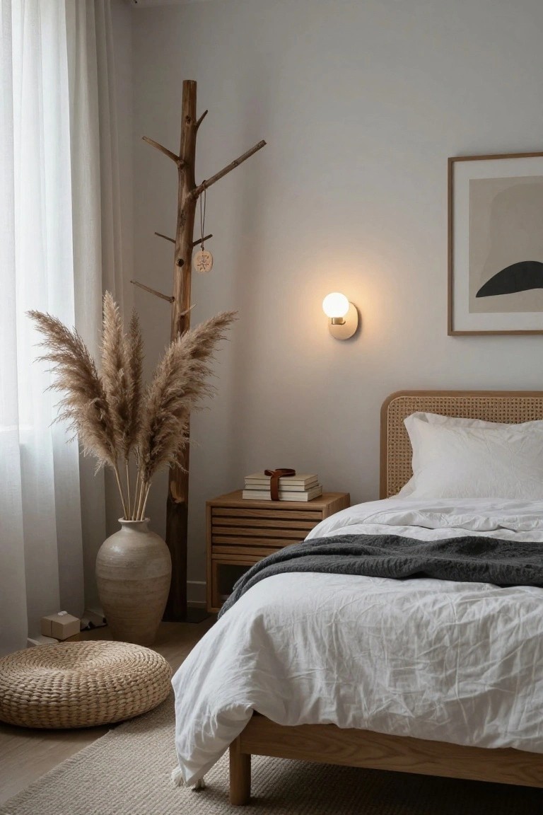 Bedroom corner with tall wooden branch coat rack holding a hanging wooden ornament, large pampas grass in terracotta vase, rattan headboard bed with white linens and gray throw, wooden nightstand, and neutral walls.