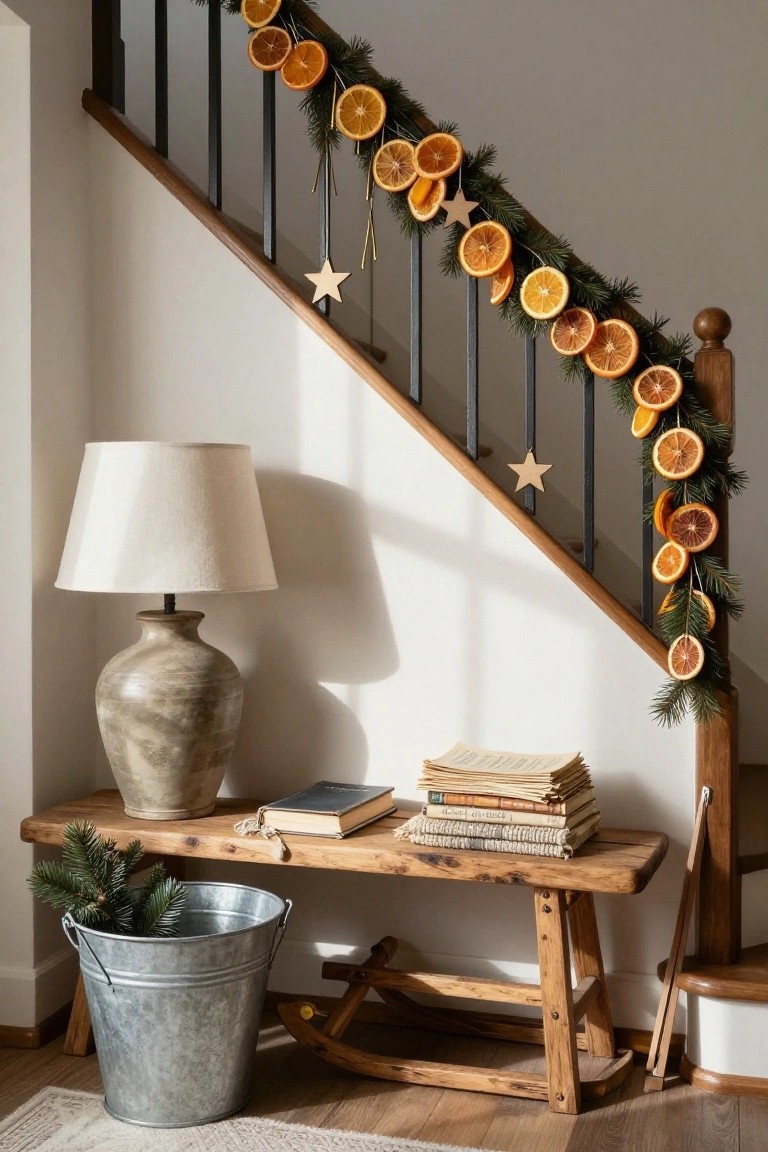 Staircase with black metal railing draped in garland of dried orange slices, fir branches, and star ornaments, next to a wooden bench with stacked books, ceramic lamp, and metal bucket of fir sprigs.