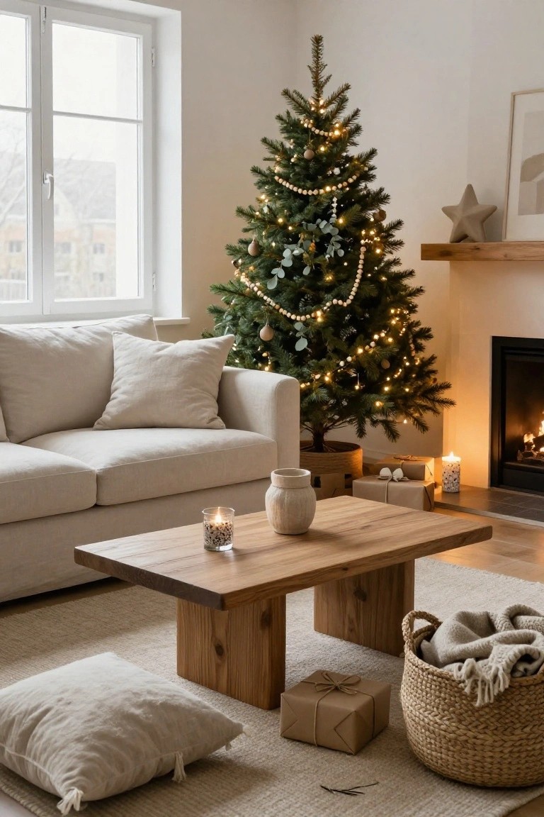 Cozy living room featuring a Christmas tree, wooden table, candles, and festive decorations.