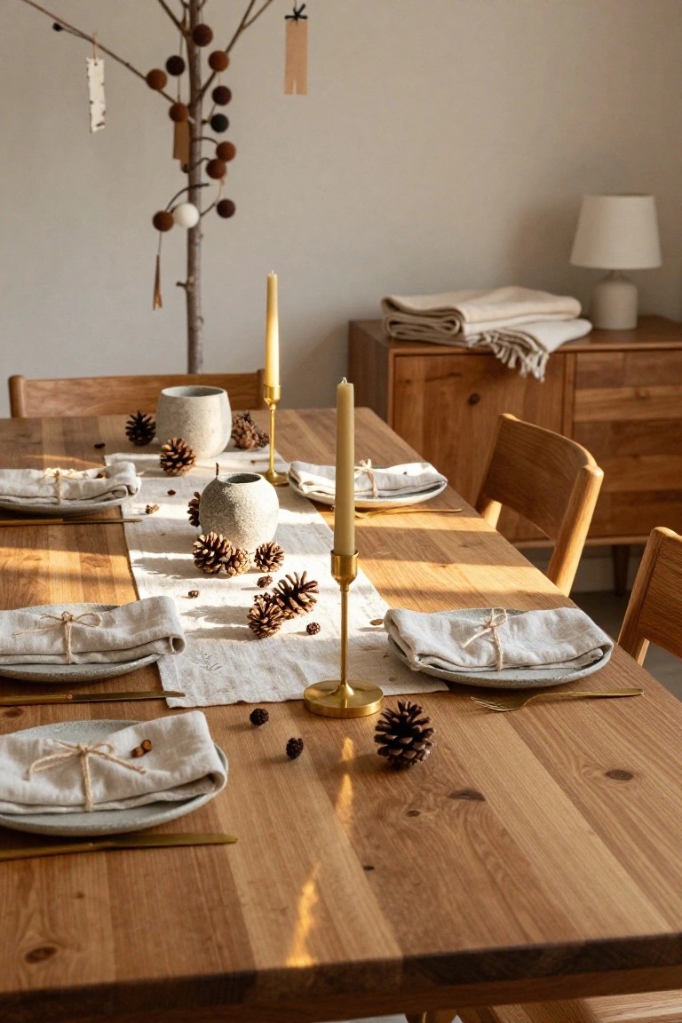 Dining room with wooden table set for a meal using white plates, linen napkins tied with twine, gold flatware, pinecones, candles in gold holders, and gray stone vases, plus a hanging birch branch decorated with wool balls, paper tags, and ribbons near beige walls and wooden furniture.