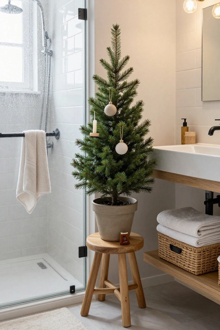 A small Christmas tree with ornaments in a modern bathroom near a shower.