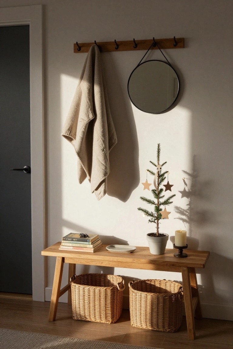 Entryway with wooden bench holding stacked books, small potted Christmas tree with wooden star ornaments, white plate, candleholder, two wicker baskets underneath, beige towel on oak hooks above, round black mirror on white wall, and dark door nearby.