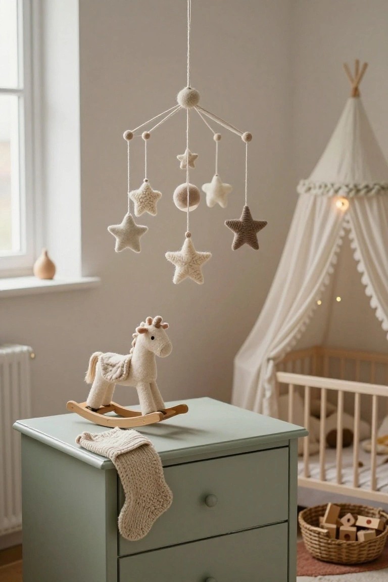 A light-filled nursery with a hanging wool mobile featuring white and beige stars and balls above a wooden crib with sheer canopy, a cream rocking horse on a green dresser draped with a knitted stocking, a teepee beside the crib, wooden toys in a basket, and neutral walls.