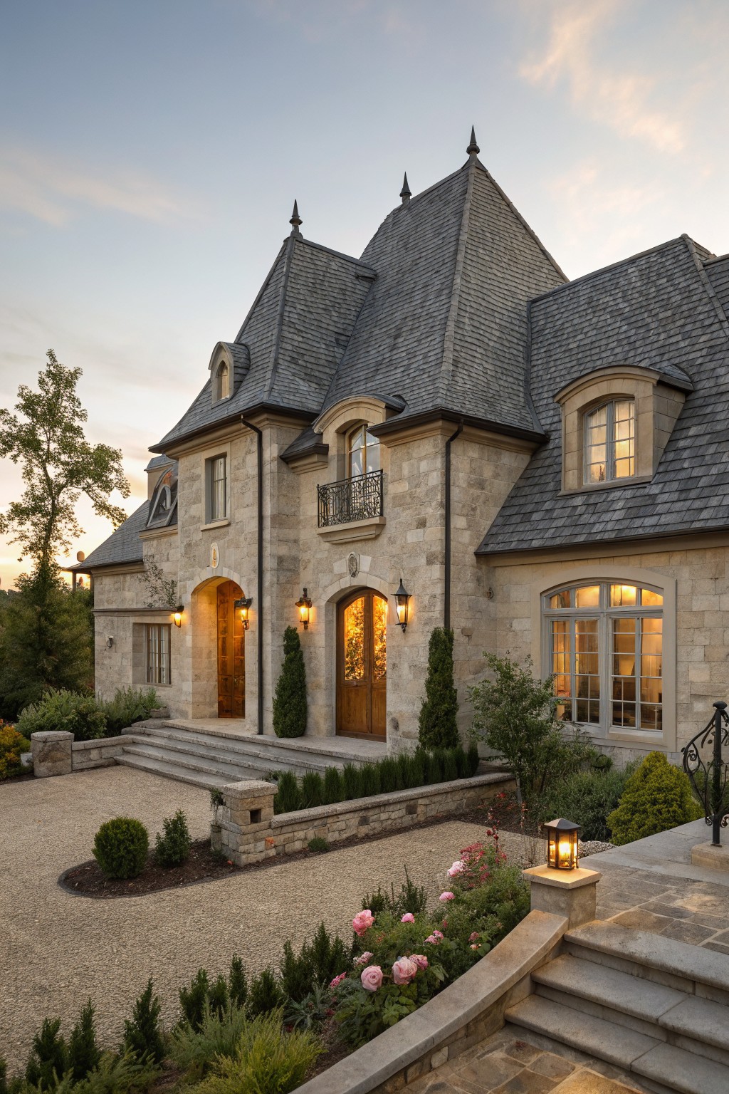 Beige stone house with steep dark slate roofs, arched wooden entry door flanked by lanterns, stone steps, gravel driveway, and low hedges at dusk.