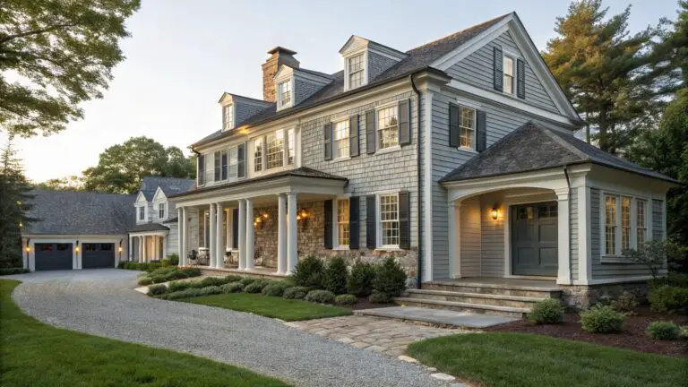 Two-story gray shingle house exterior featuring stone foundation and pillars supporting a covered porch with dark blue double doors, white trim, boxwood shrubs, and cobblestone driveway.