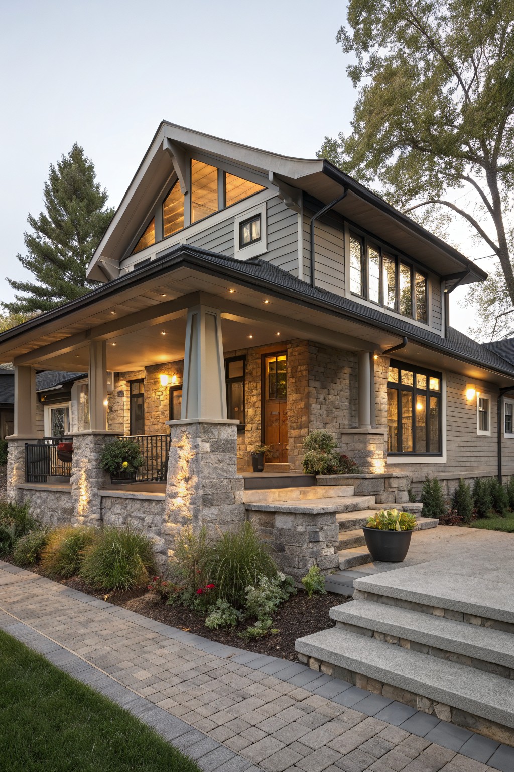 Two-story gray clapboard house with stone pillars and base on the covered front porch, wooden entry door, large windows, brick pathway, and landscaped yard at dusk.