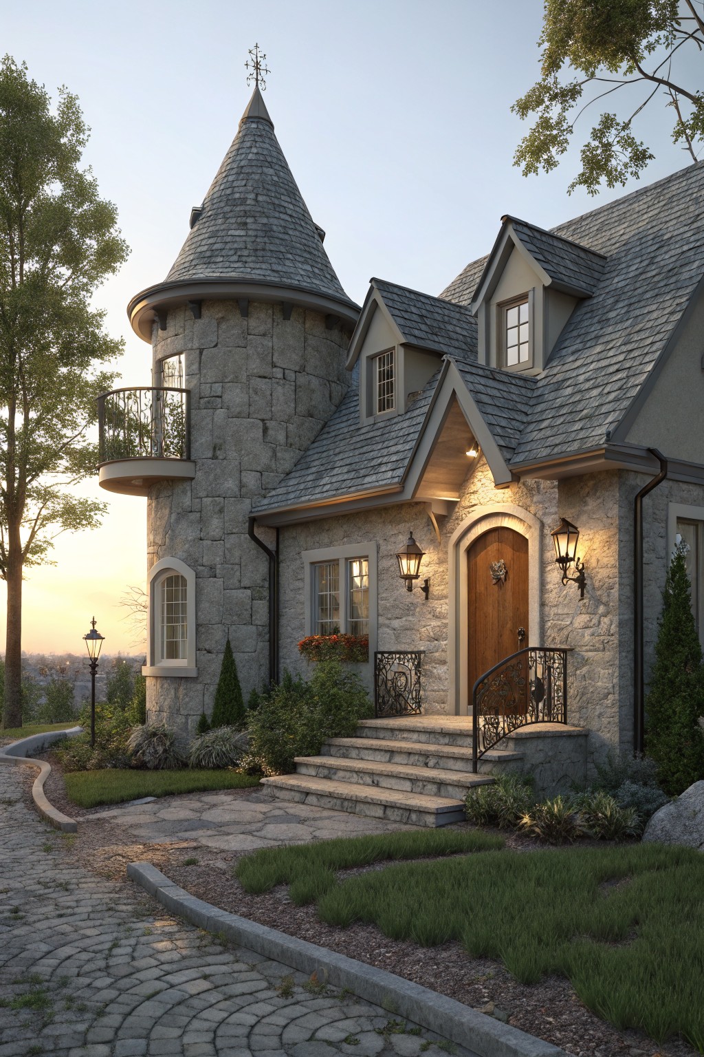 Gray-shingled house exterior featuring a tall cylindrical stone tower with conical roof and balcony, arched wooden front door with lanterns, stone steps with wrought iron railing, and surrounding trees and pathway at dusk.