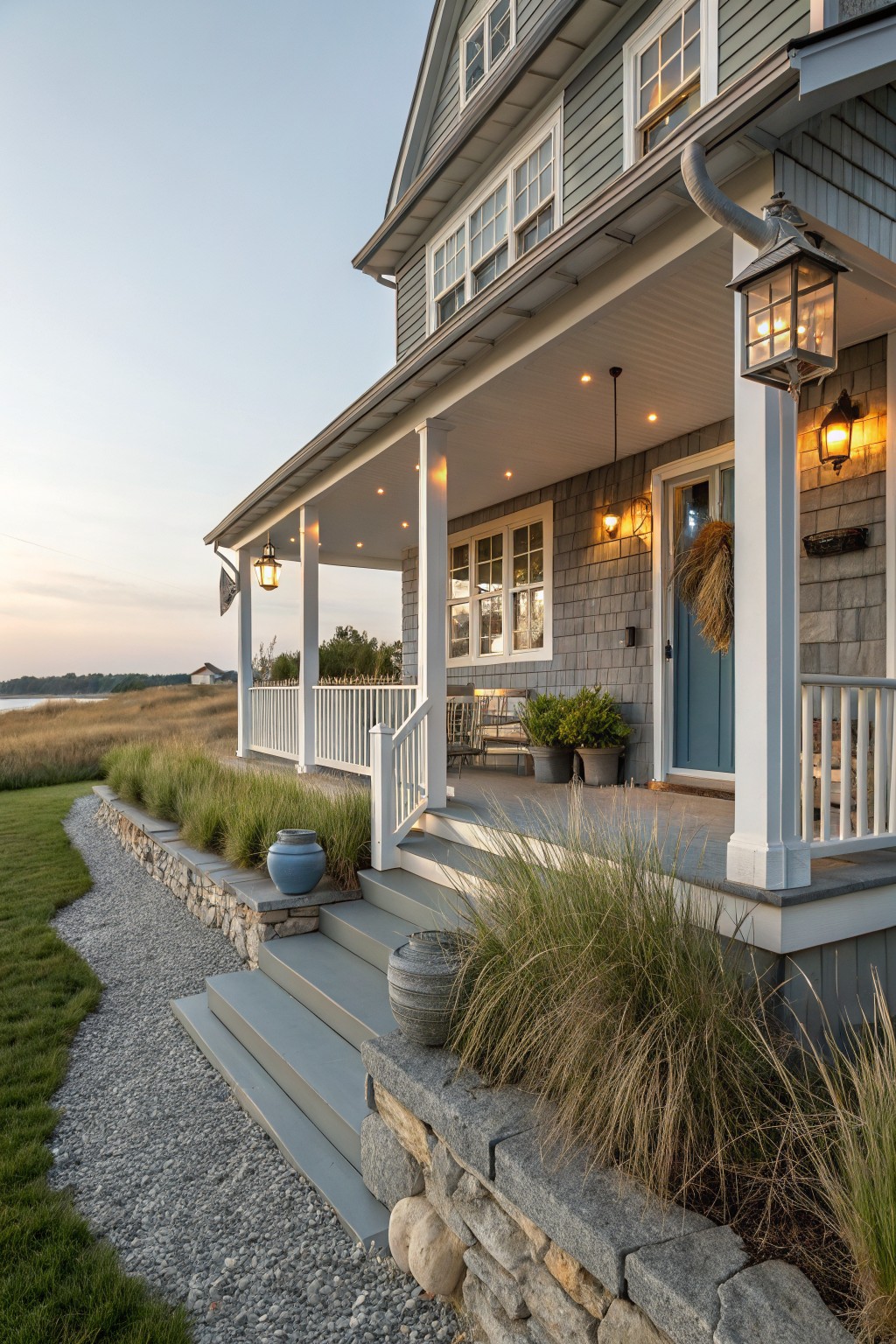 Gray shingle house exterior featuring a white porch with columns, blue front door, lantern lights, stone steps and retaining wall edged with grasses, viewed from the side at dusk with fields in the background.