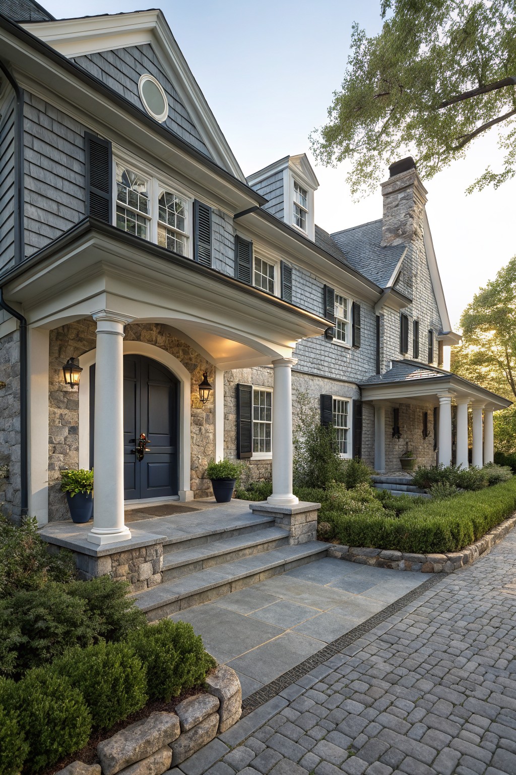 Two-story gray shingle house exterior featuring stone foundation and pillars supporting a covered porch with dark blue double doors, white trim, boxwood shrubs, and cobblestone driveway.