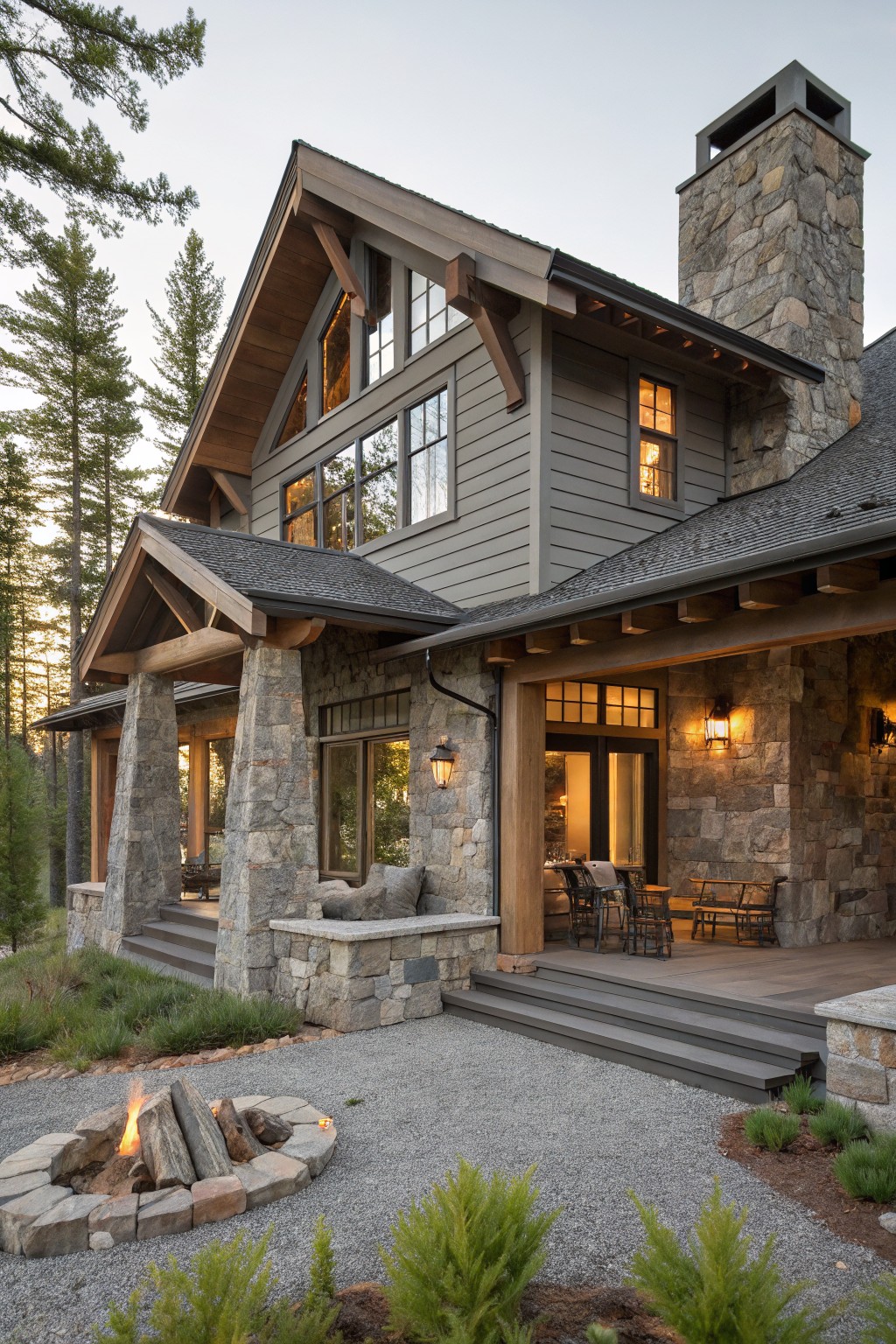 Two-story house with gray wood siding, gabled roof, tall stone chimney, stone pillars supporting covered porch with steps, gravel path and stone fire pit in foreground, evergreen trees around at dusk.
