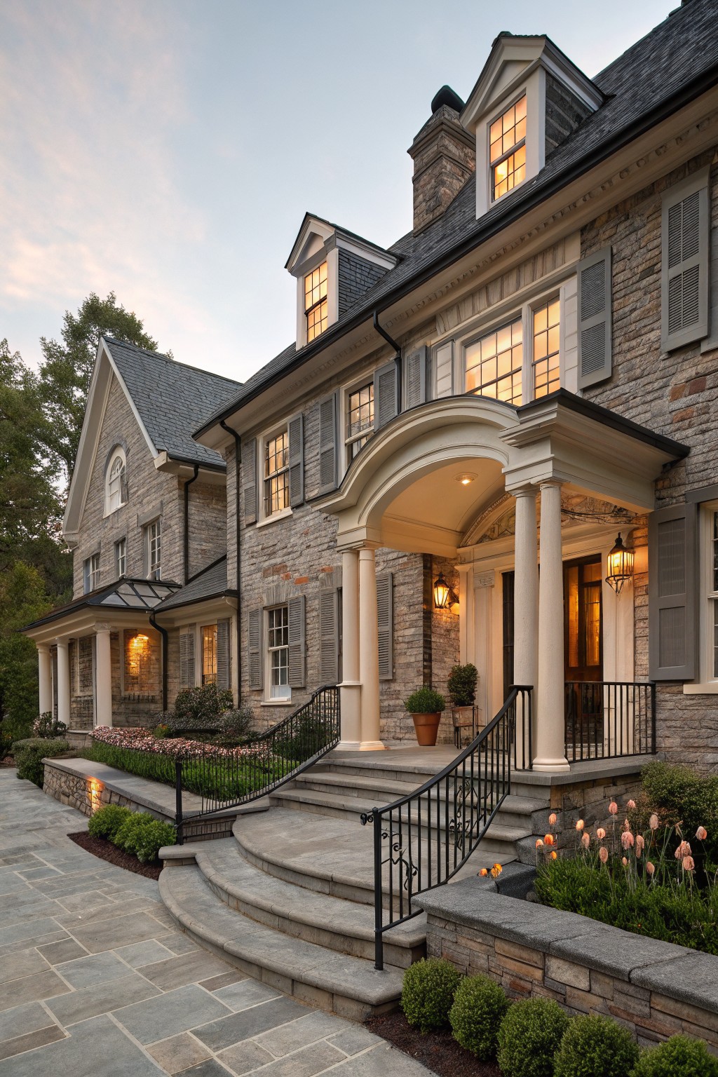Multi-story house exterior in gray stone and brick with a columned portico entryway, curved steps with black iron railing, potted plants, flower beds, and lanterns at dusk.