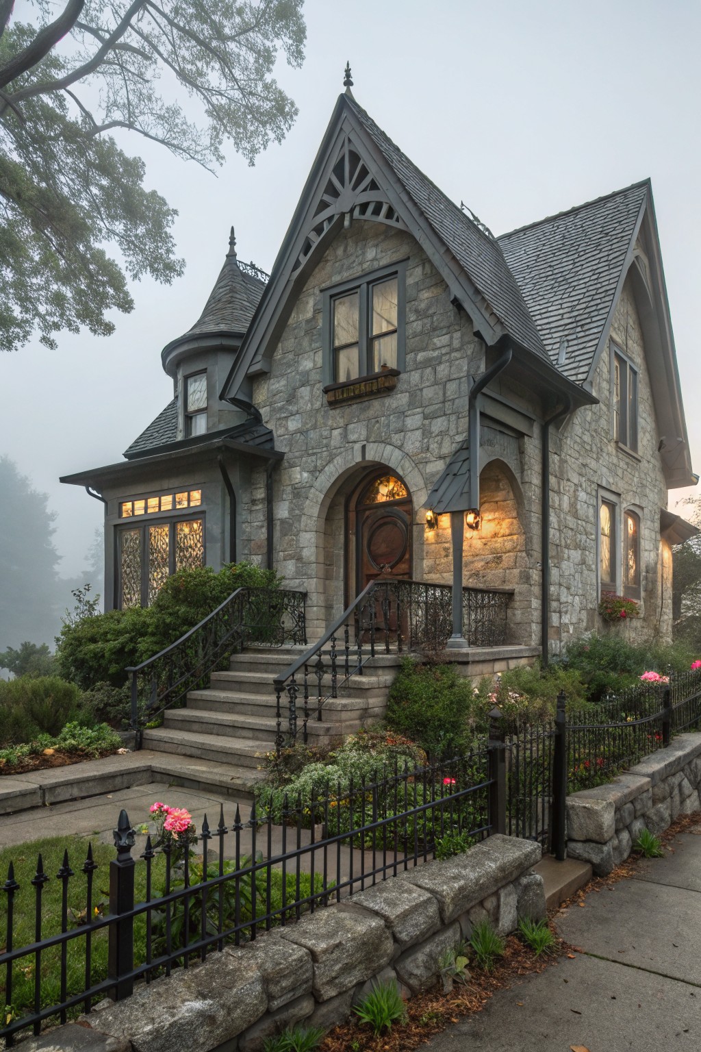 Gray stone house exterior in Gothic Revival style with turret, gabled slate roof, arched front door, wrought iron stairs and fence, flower beds, and surrounding fog.
