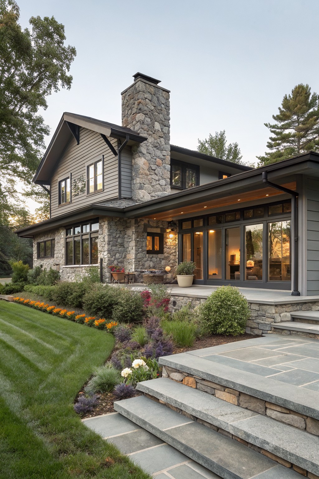 Two-story gray shingled house exterior with tall stacked stone chimney, wooden deck featuring large glass doors and planters, stone steps descending to lawn edged with shrubs and flowers.