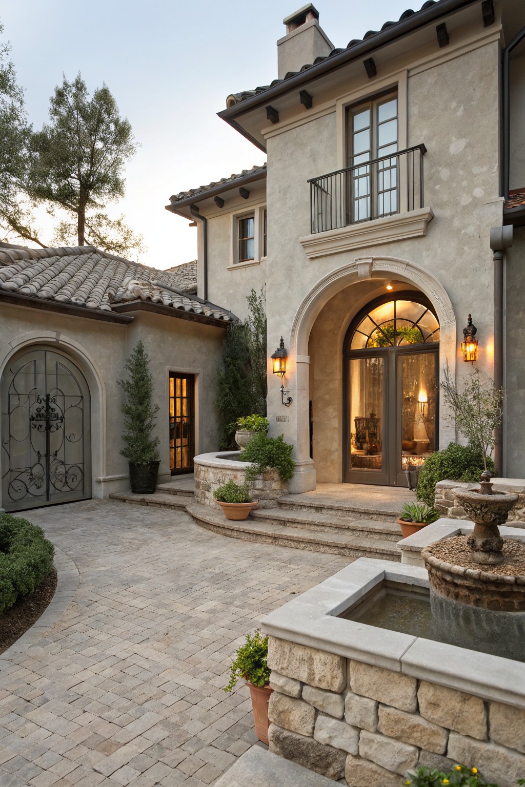 Beige stucco house exterior with terracotta tile roof, arched glass entry doors framed by stone columns, iron side gate, courtyard pavers, low fountain, and potted plants.