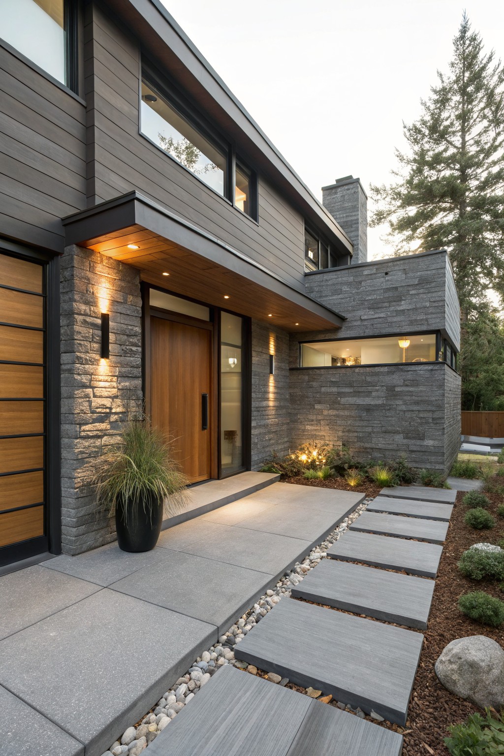 Gray modern house exterior with vertical wood siding, stone pillar and accents framing a dark wood entry door with glass sidelight, wall-mounted lights, potted grass plant on concrete path, stepping stones, gravel, plants, and trees nearby.