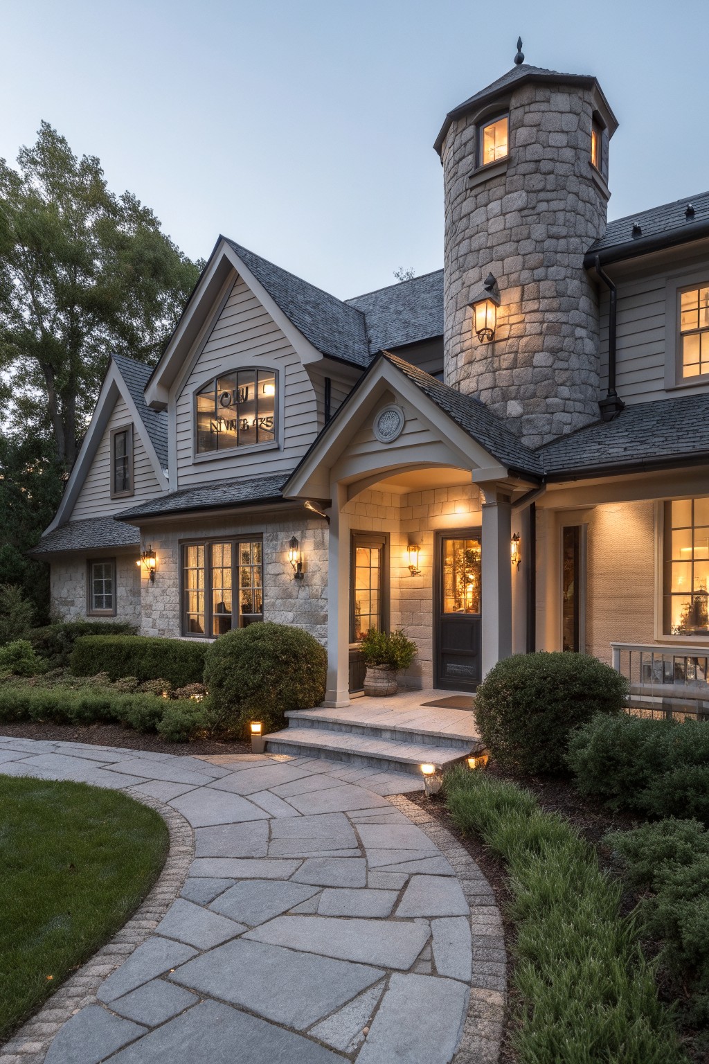 Evening photo of a gray shingle-style two-story house with an octagonal stone tower, front porch entry, curved bluestone pathway, boxwood shrubs, and exterior lantern lights.