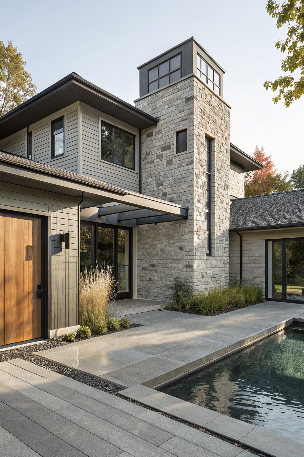 Two-story house exterior with gray siding, tall light gray stone tower, black metal roof and window frames, wooden garage door under steel canopy, paver walkway with grasses leading to infinity-edge pool.