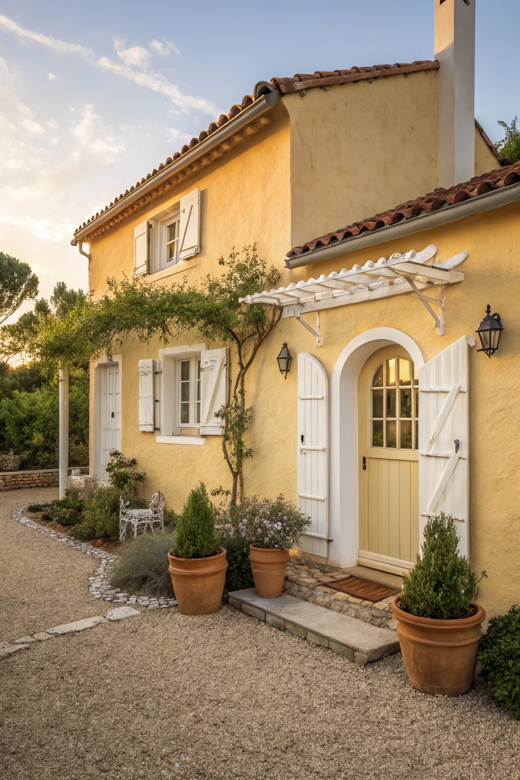 Yellow stucco house exterior with arched pale green front door, open white shutters, white pergola overhead draped in vines, wall lanterns, potted plants on steps, and gravel path beside stone edging.