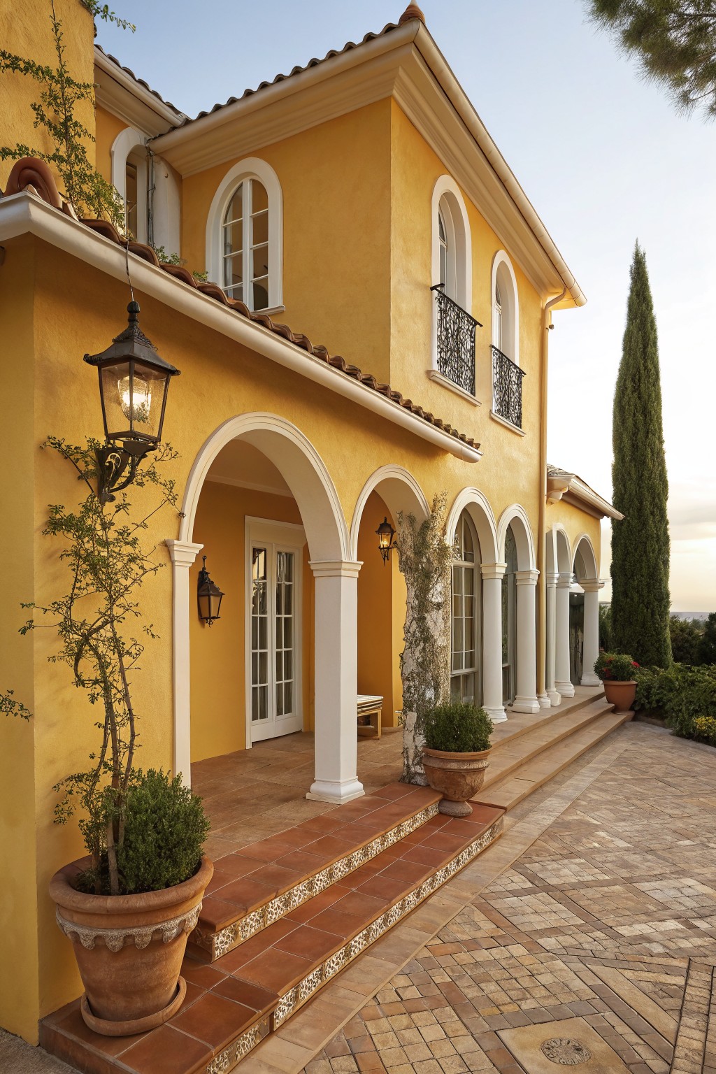 Yellow stucco house exterior featuring a white-trimmed arched portico with columns, hanging lanterns, potted plants, tiled steps, and a stone pathway.