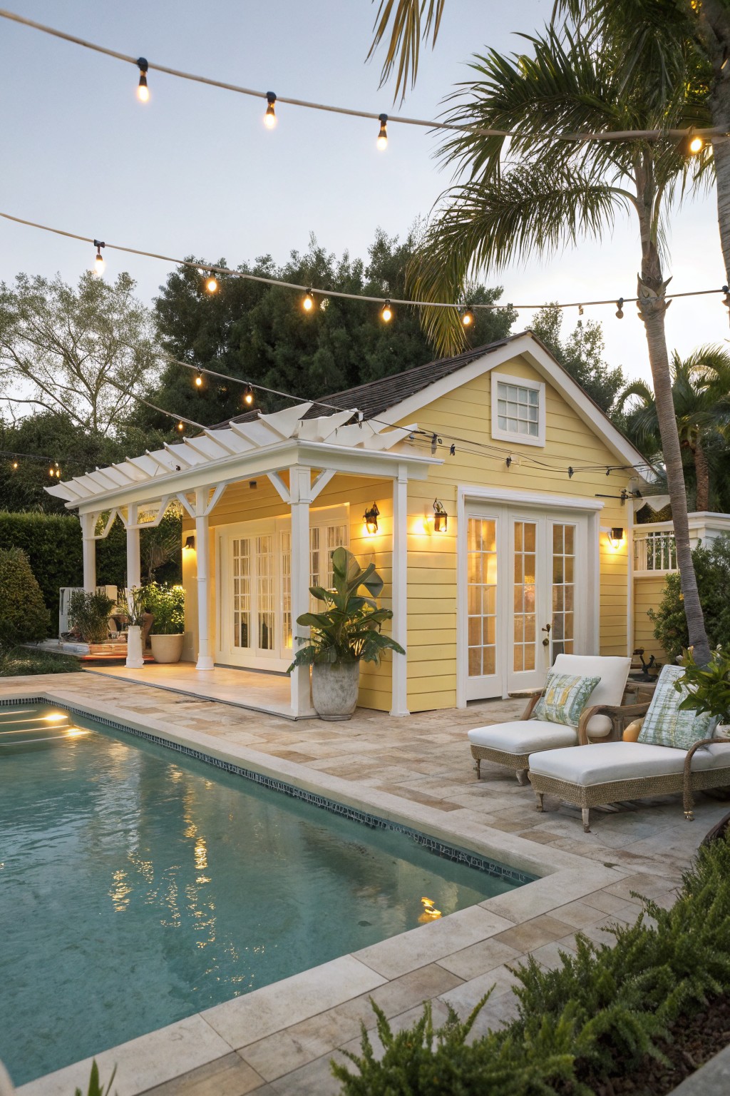Yellow shingle-style cottage house with white trim, pergola porch, and French doors next to a pool deck with lounge chairs and string lights at dusk.