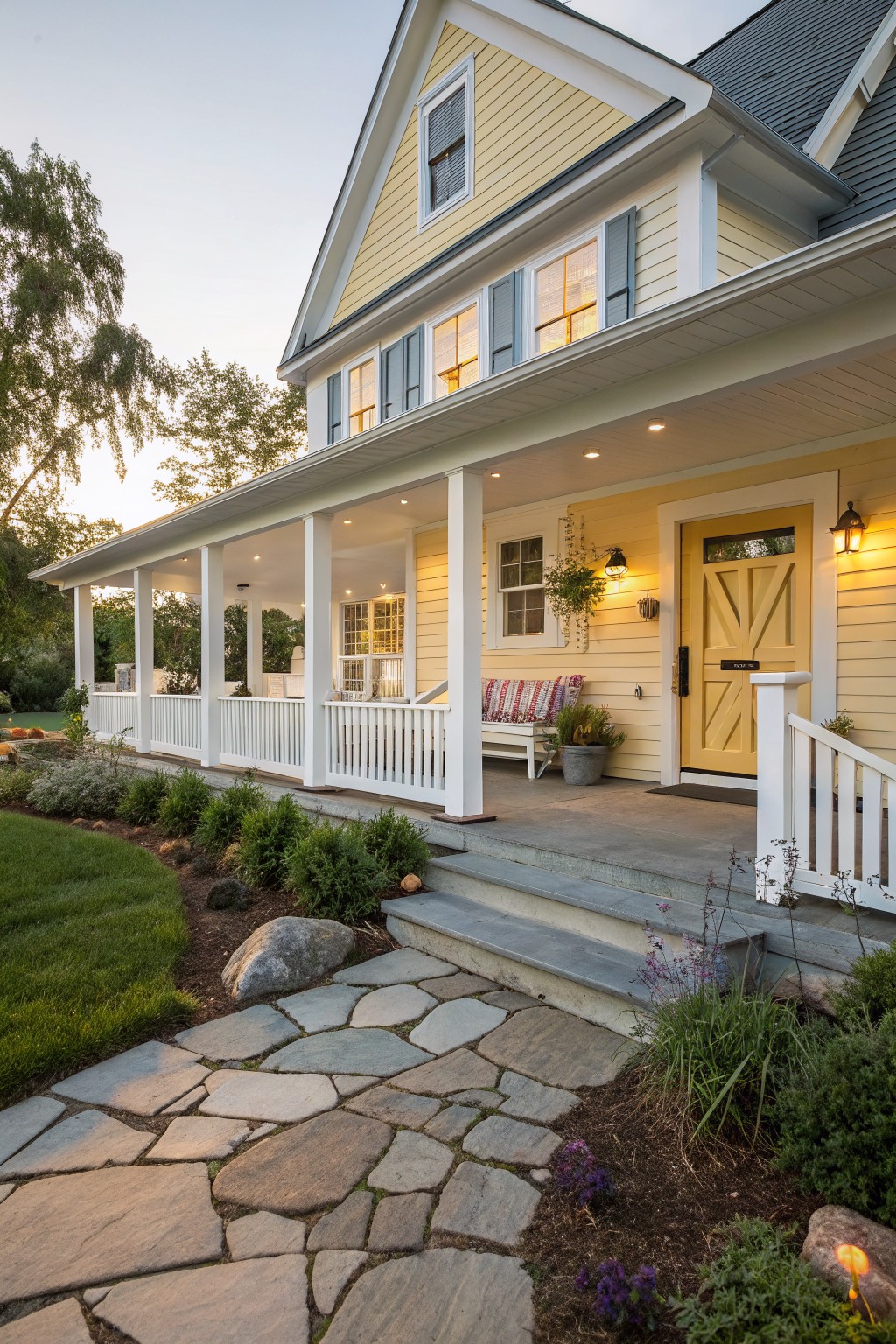 Two-story yellow clapboard house with white trim and shutters, full-width covered front porch supported by white columns and railing, yellow paneled door, bench with cushions, potted plants, and flagstone pathway with landscaping leading to concrete steps.