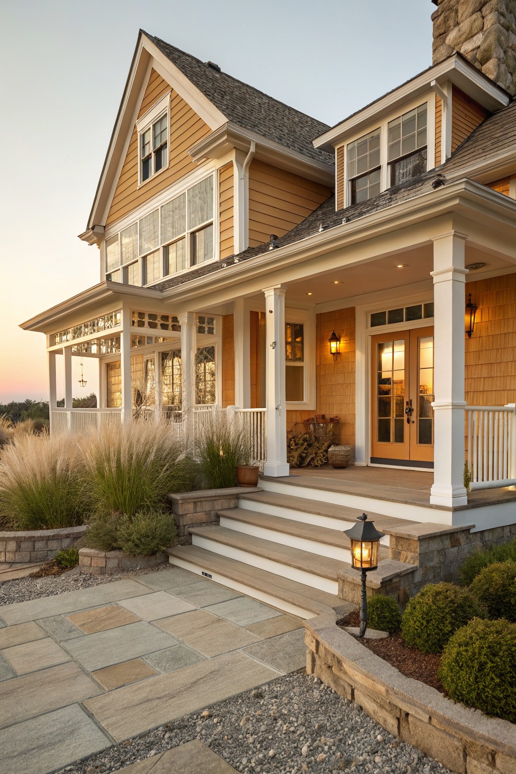 Yellow shingle-style two-story house exterior with white trim, covered porch supported by white columns, double glass-paneled front doors, stone steps, lantern lights, and low landscaping along a paved path at sunset.