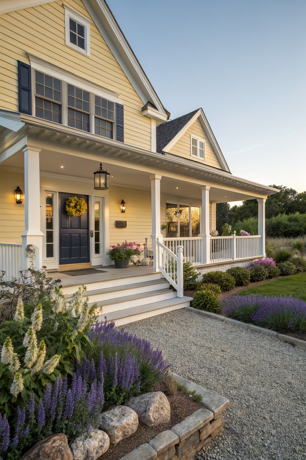 Two-story yellow clapboard house with white trim and gabled roof, featuring a covered front porch with white columns and railing, dark blue double front door with yellow wreath, lanterns, steps to gravel path, and purple lavender and white flowering plants in stone-edged bed.
