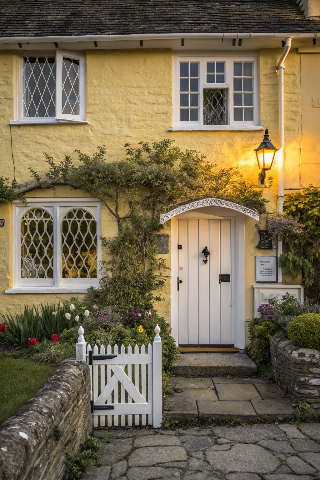 Yellow rendered cottage house exterior with white leaded windows, arched white front door with brass knocker and hanging lantern, climbing vines, flower garden, white picket gate, and stone path.