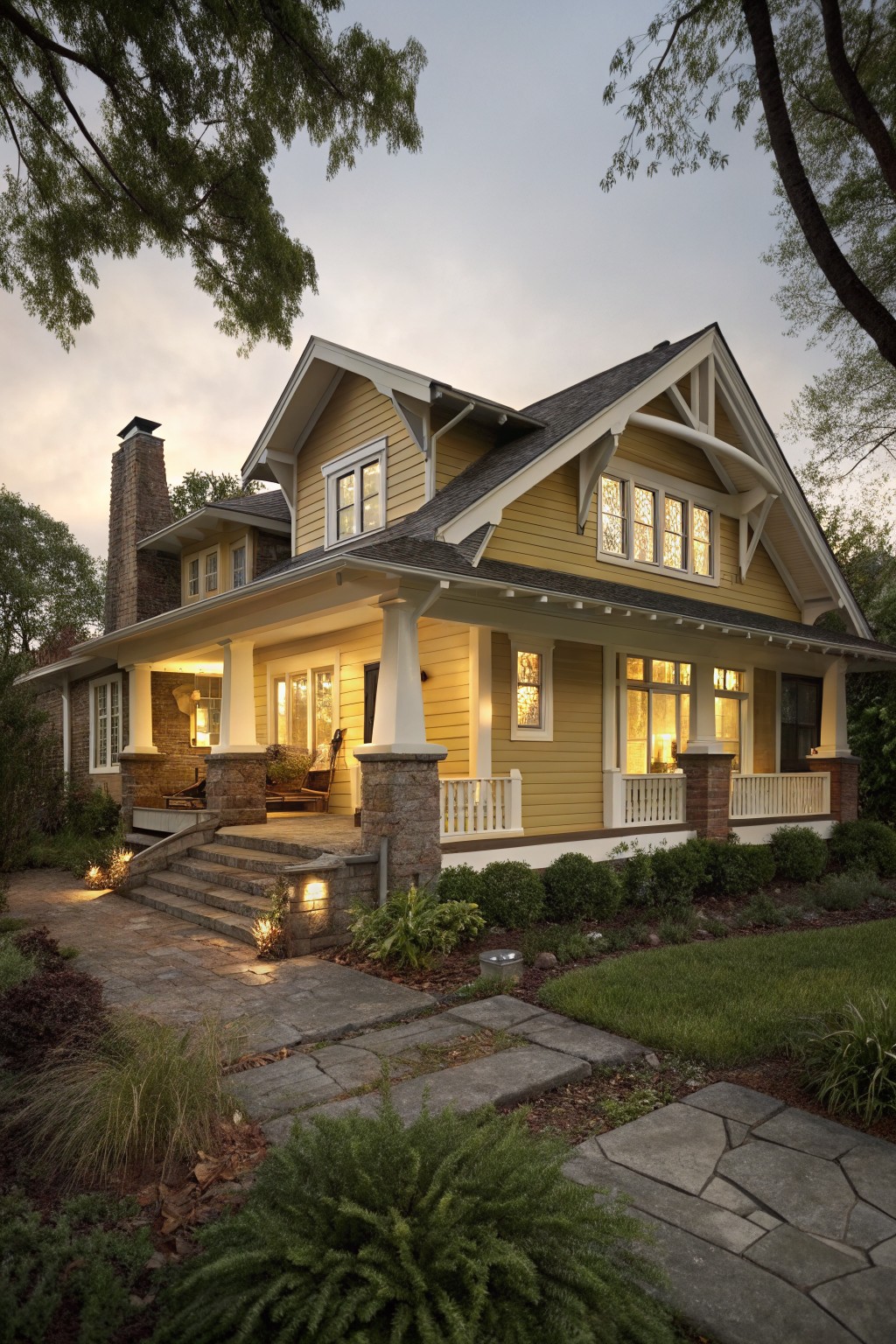 A two-story yellow clapboard house with white trim and gabled roof features a wide covered front porch supported by tapered columns on stone pedestals, steps leading to a flagstone path, and low landscaping at dusk.
