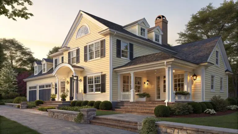 A two-story yellow clapboard house with white trim and dark blue shutters features a columned front porch with an arched entry, dark blue door, brick steps, and surrounding landscaping.