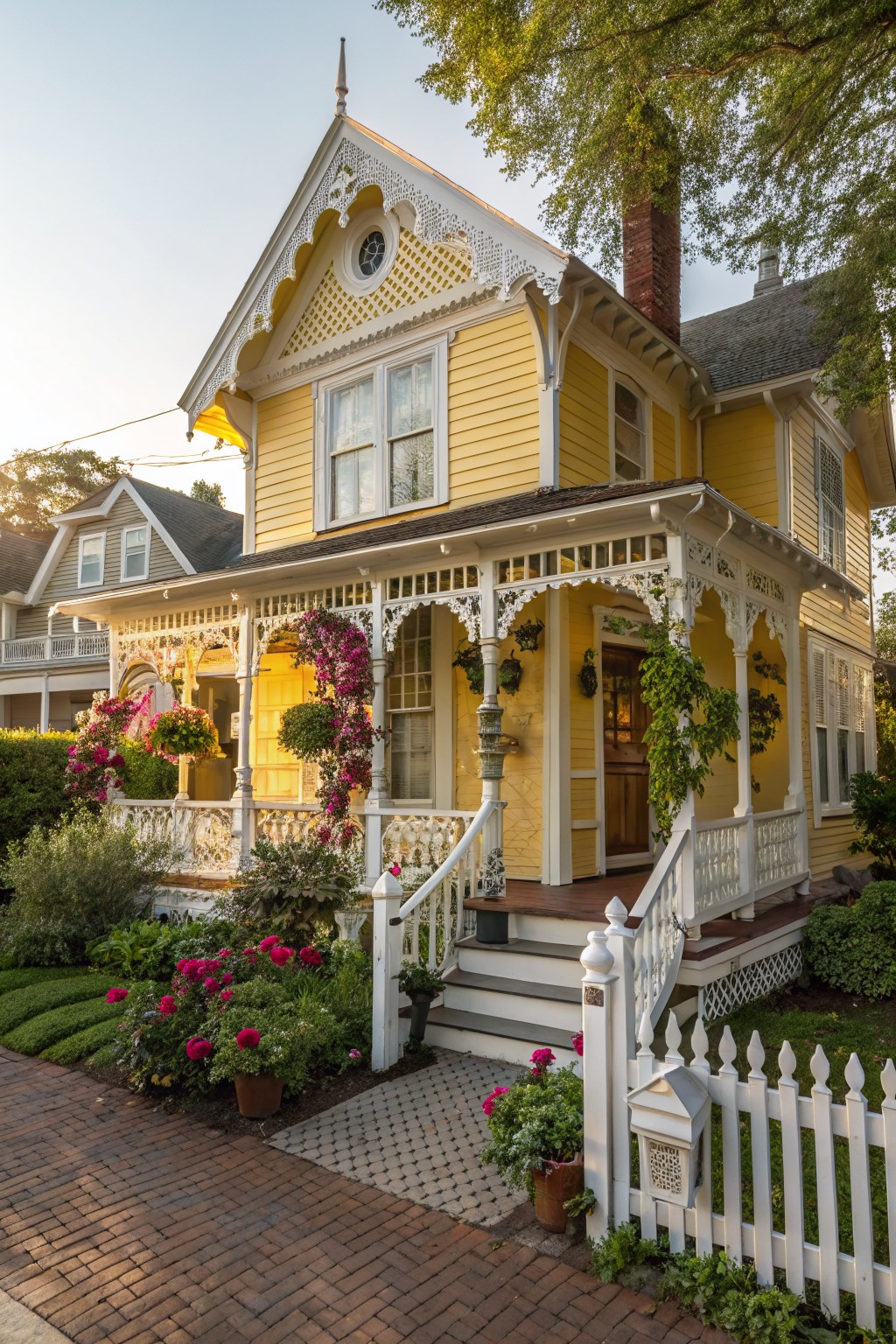 A two-story yellow Victorian house with white gingerbread trim on the porch and eaves, surrounded by flowers and a white picket fence on a brick walkway.