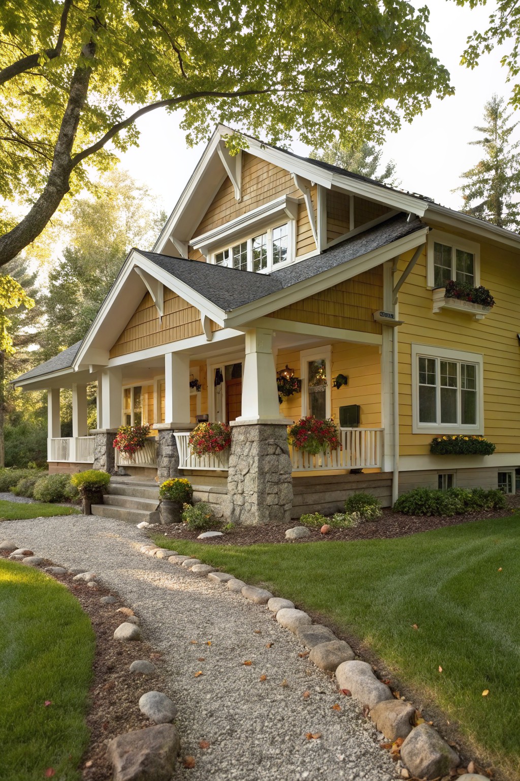 Yellow Craftsman-style house exterior with white trim, shingle gables, black roof, covered front porch supported by white columns on stone pillar bases, flower baskets and window boxes, gravel path edged with stones leading to porch steps, surrounded by lawn and trees.