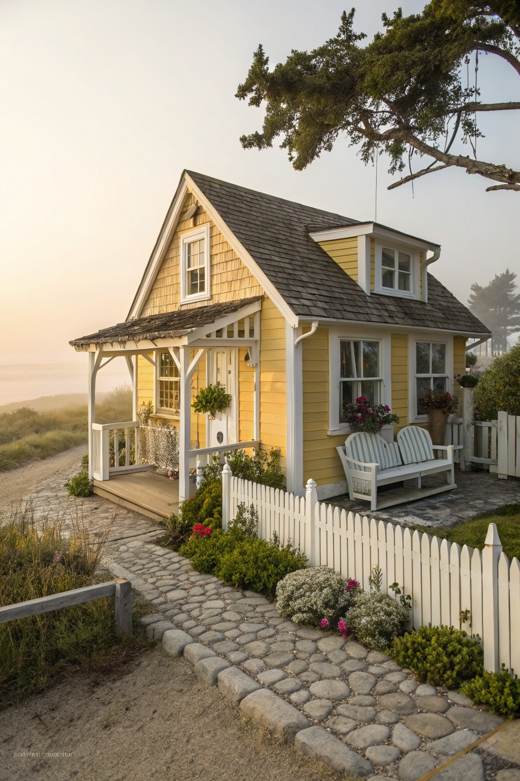 Small yellow shingled cottage house with white trim, covered porch, wooden bench, flower pots, white picket fence, stone path, shrubs, and beach dunes in the background at sunset.