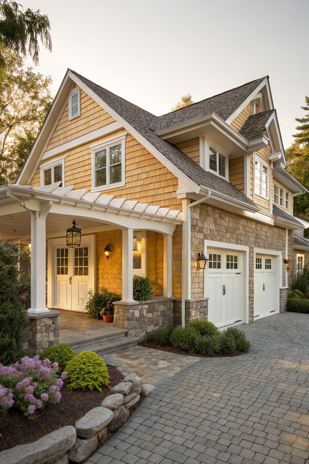 Two-story house exterior with yellow shingle siding, white trim on windows and doors, covered front porch, stone foundation and accents, attached two-car garage with white doors, paver driveway, and landscaping with flowers, shrubs, and stone edging.