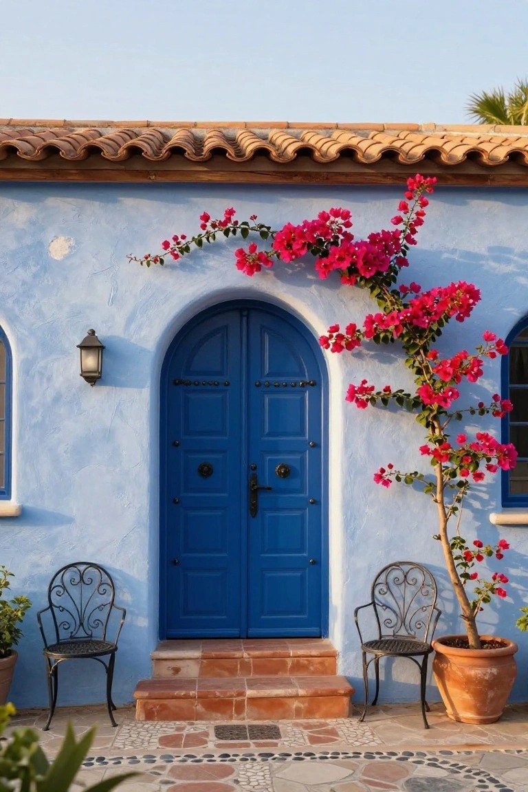 Light blue stucco house facade with a double arched turquoise door, pink bougainvillea vines climbing over the archway, wrought iron chairs on either side, and potted plants on terracotta steps.