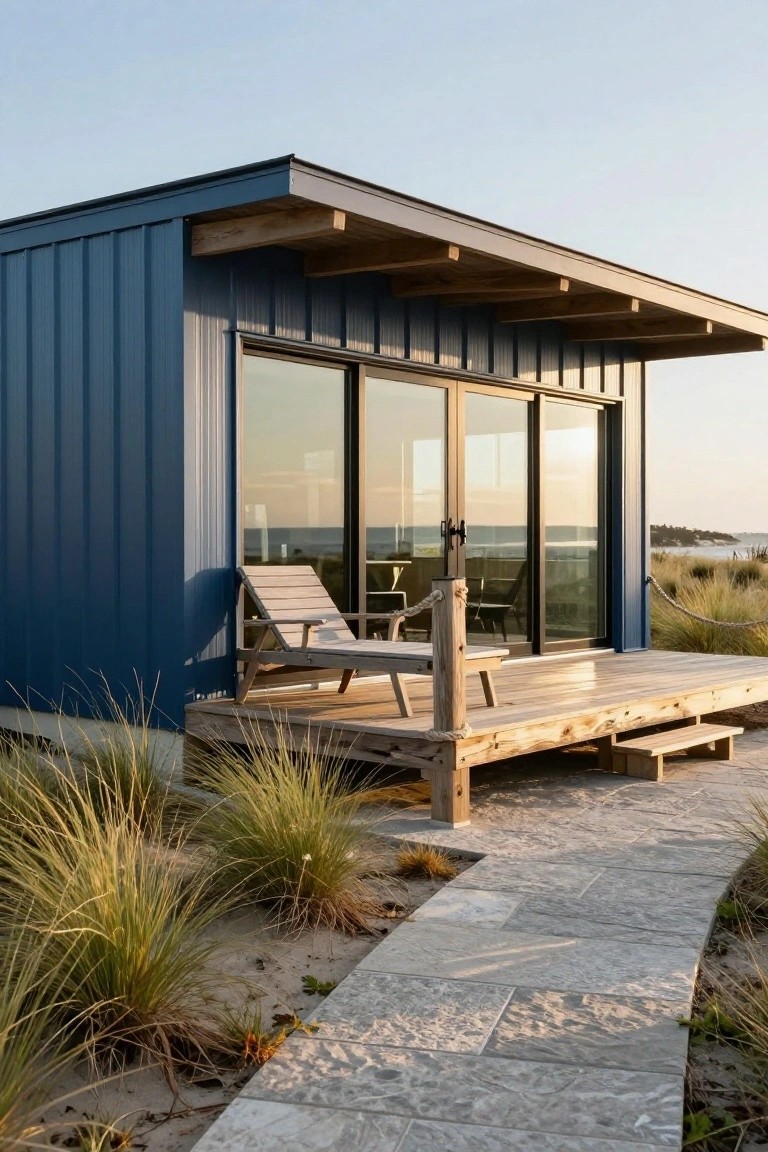 Small modern cabin clad in blue corrugated metal siding with overhanging wooden roof beams, large sliding glass doors, wooden deck with lounge chair and benches, surrounded by dune grass and a stone path near the beach.