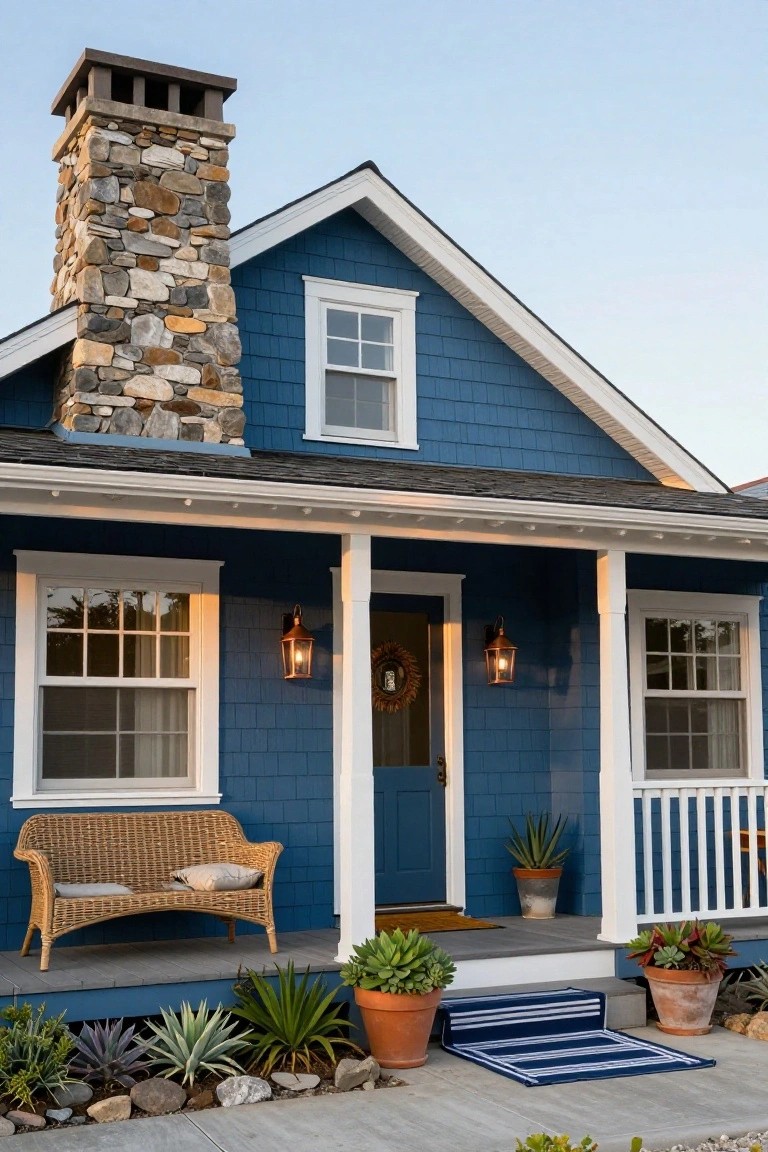 Front view of a deep blue shingle-style house with stone chimney, white trim, covered porch, wicker bench, lanterns, potted plants, and succulent garden bed.