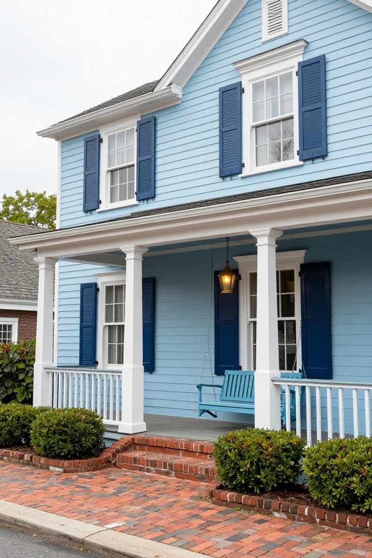 Two-story light blue clapboard house with navy blue shutters on white-trimmed windows, columned front porch with hanging lantern and blue swing, boxwood shrubs, brick steps, and brick path.
