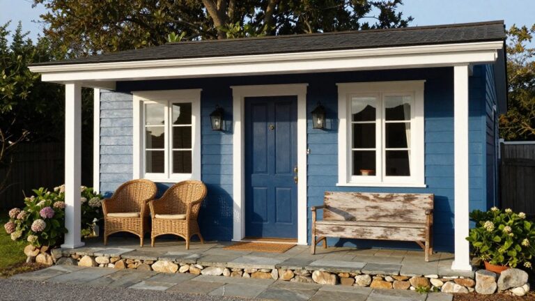 Blue shingle-style cottage exterior with covered porch, wicker armchair, wooden bench, blue door, white-trimmed window, wall lanterns, hydrangea plants, stone steps, and rock edging.