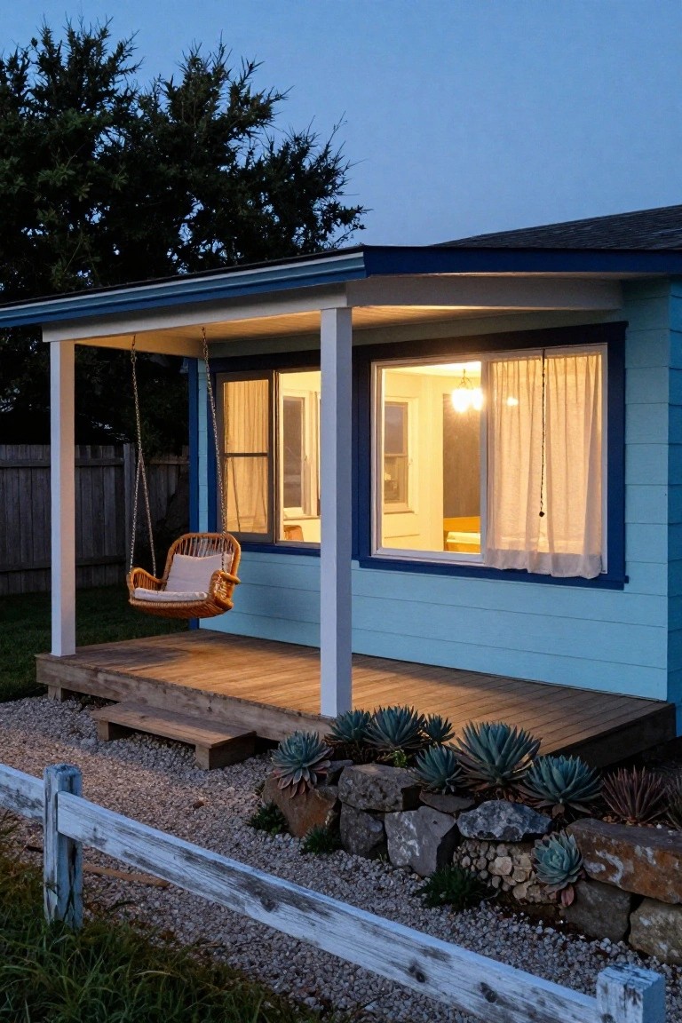 Light blue house exterior at dusk with a covered front porch, hanging wicker porch swing with cushion, lit interior windows with sheer curtains, wooden deck, and succulent plants along a rock-edged base.