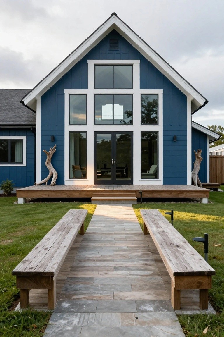 Front exterior of a two-story house painted navy blue with white trim, featuring a gabled roof, large multi-pane windows, glass doors on a wooden deck, driftwood sculptures on the walls, and a stone pathway with wooden benches in a grassy yard.