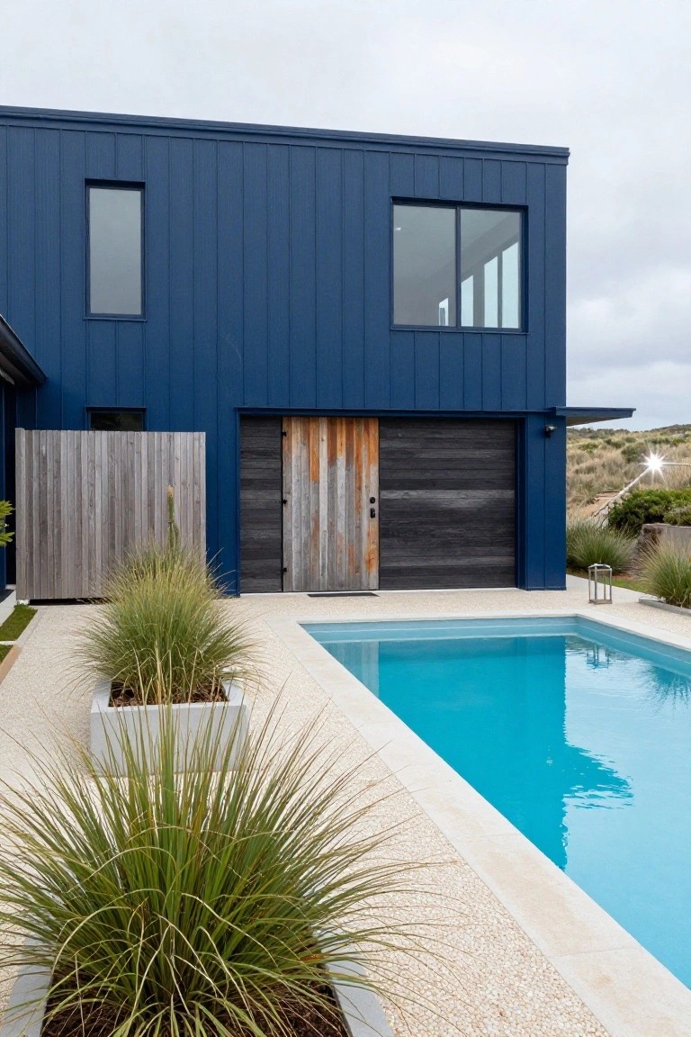 Side exterior of a modern navy blue vertically clad house with a large charred wood garage door next to a rectangular turquoise pool edged in white tile, surrounded by potted grasses on pebble ground.