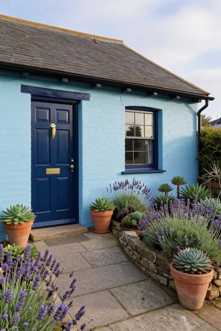 Light blue brick cottage exterior with navy blue front door and window frames, gold door knocker, potted succulents and lavender plants along a stone pathway.