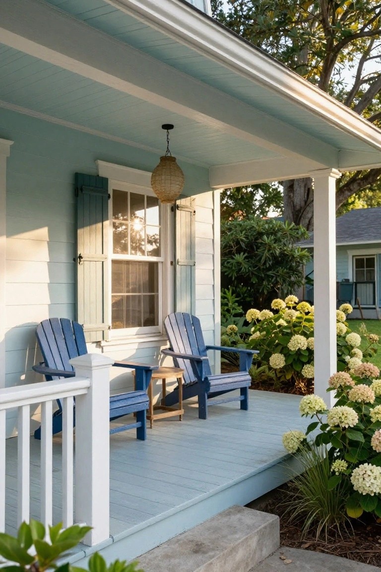 Light blue clapboard house exterior with a covered porch holding two blue Adirondack chairs and a small table, surrounded by blooming white hydrangeas, blue shutters on a window, and a woven hanging lantern.