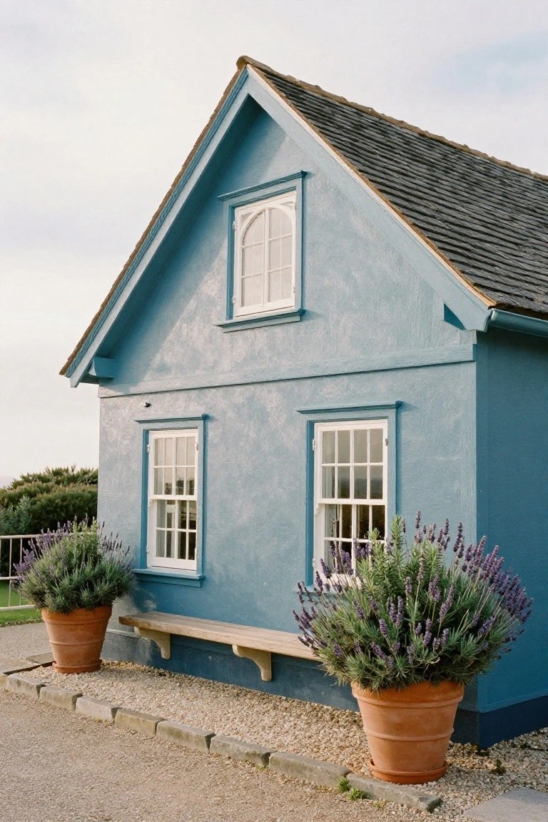 Light blue painted house exterior with gabled slate roof, white sash windows, wooden bench, and two large terracotta pots of lavender plants on gravel beside the wall.