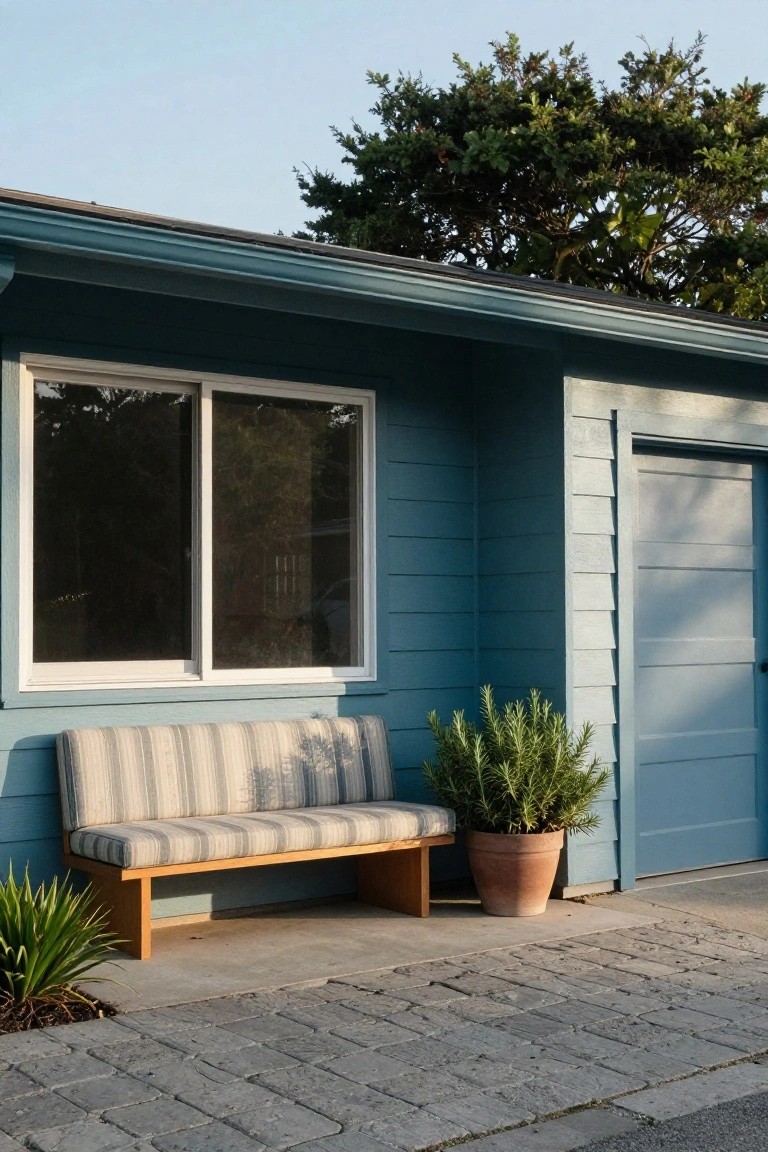 Teal blue wooden house exterior with horizontal siding, a sliding window, and closed garage door, featuring a cushioned wooden bench in front and potted rosemary and agave plants on a paved surface.