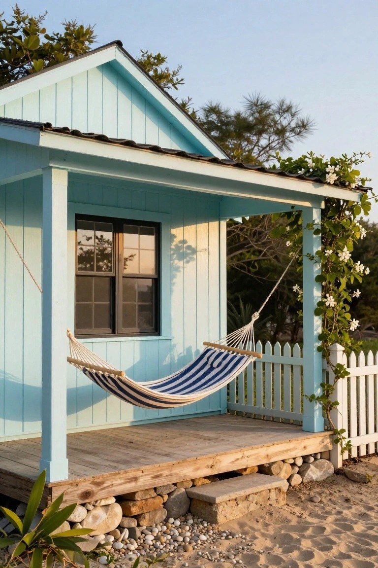 Light blue vertical board-and-batten wooden cottage exterior with covered porch, blue and white striped hammock hanging from posts, double window, climbing white flowers on posts, white picket fence, rocks and plants at base on sandy ground.