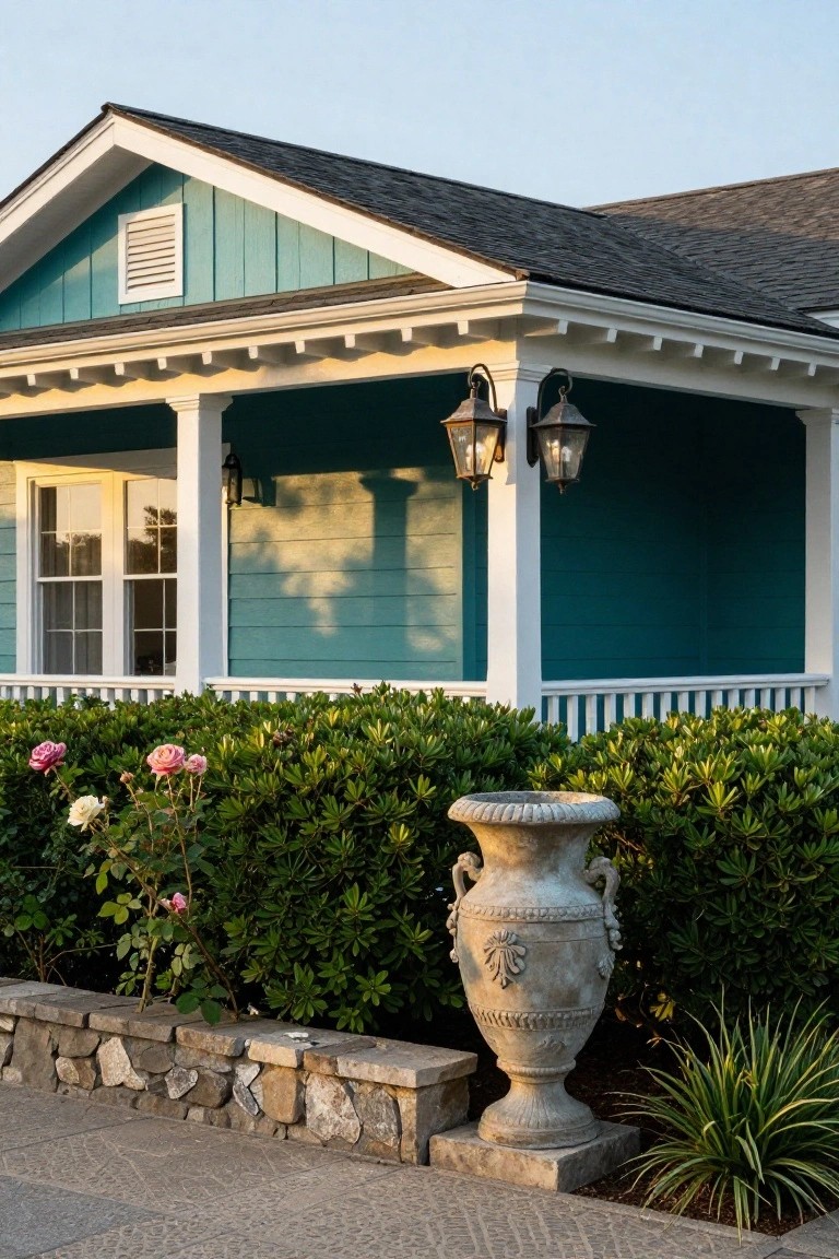 Teal clapboard siding on a gabled house with white trim, covered porch supported by columns, hanging lanterns, double window, boxwood shrubs, stone urn with roses, stone retaining wall, and paved walkway.