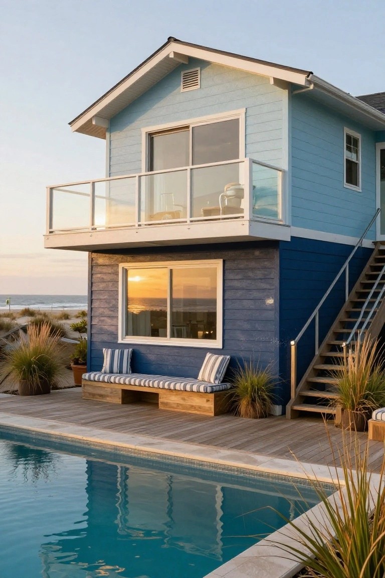 Two-story beach house exterior painted light blue on top and navy blue on bottom with wood shingle texture, glass-railed upper balcony, wooden stairs, cushioned bench with pillows, potted grasses, wooden deck, and turquoise pool at sunset with ocean view.